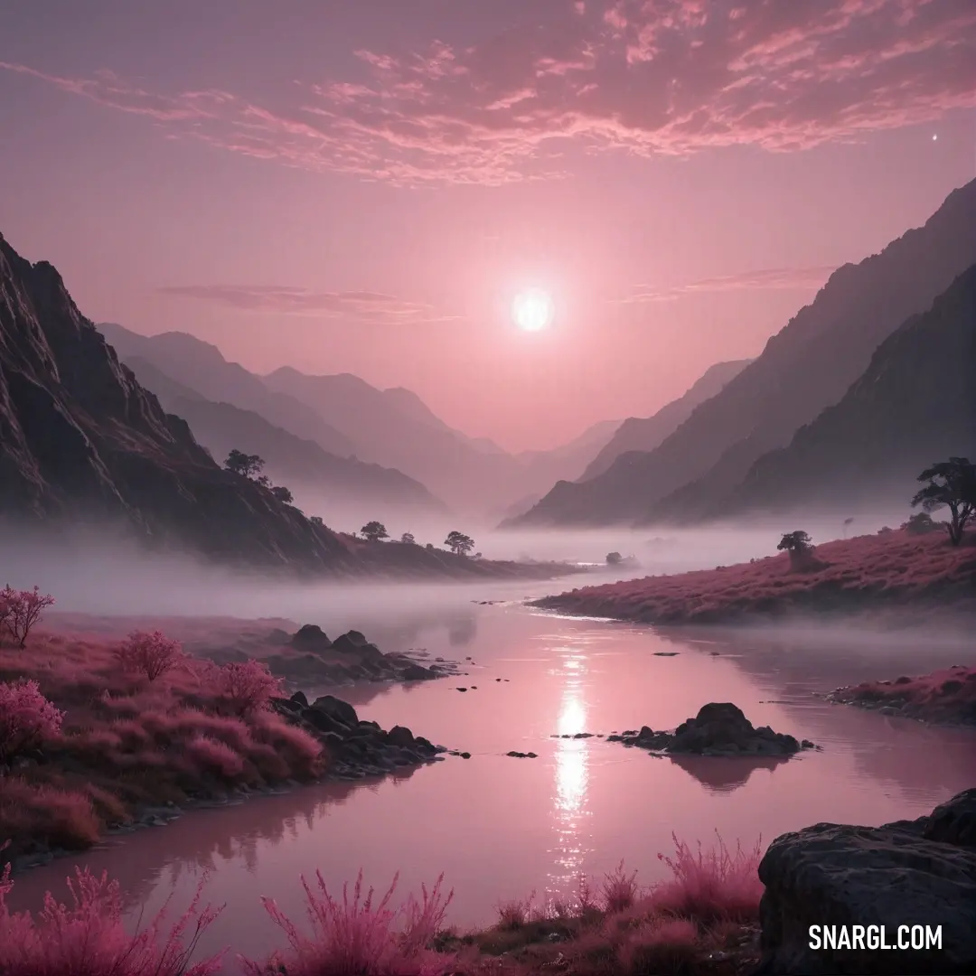 River surrounded by mountains and grass at sunset with a pink sky. Color Cordovan.