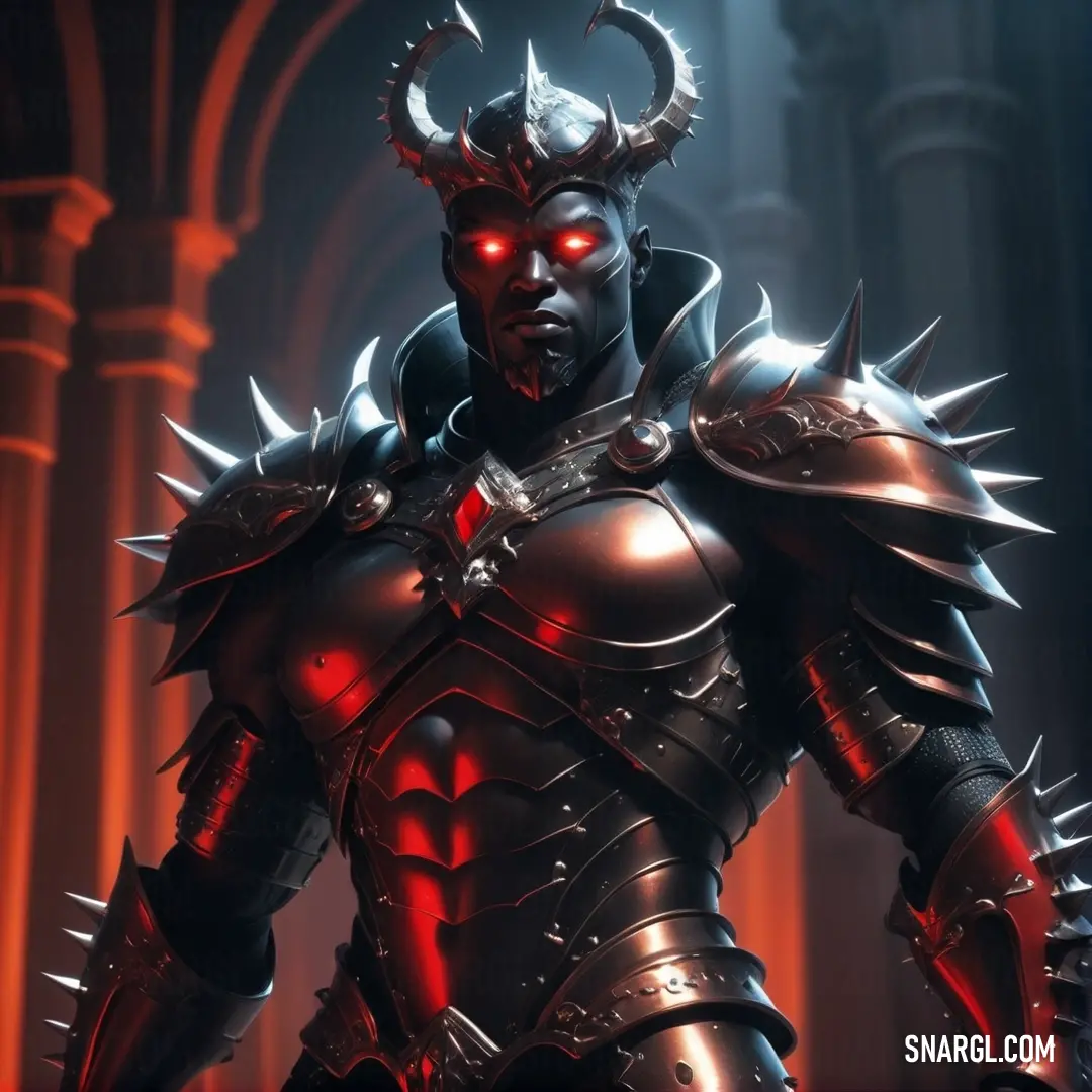 Demonic looking man in armor with horns and spikes on his head. Color #893F45.