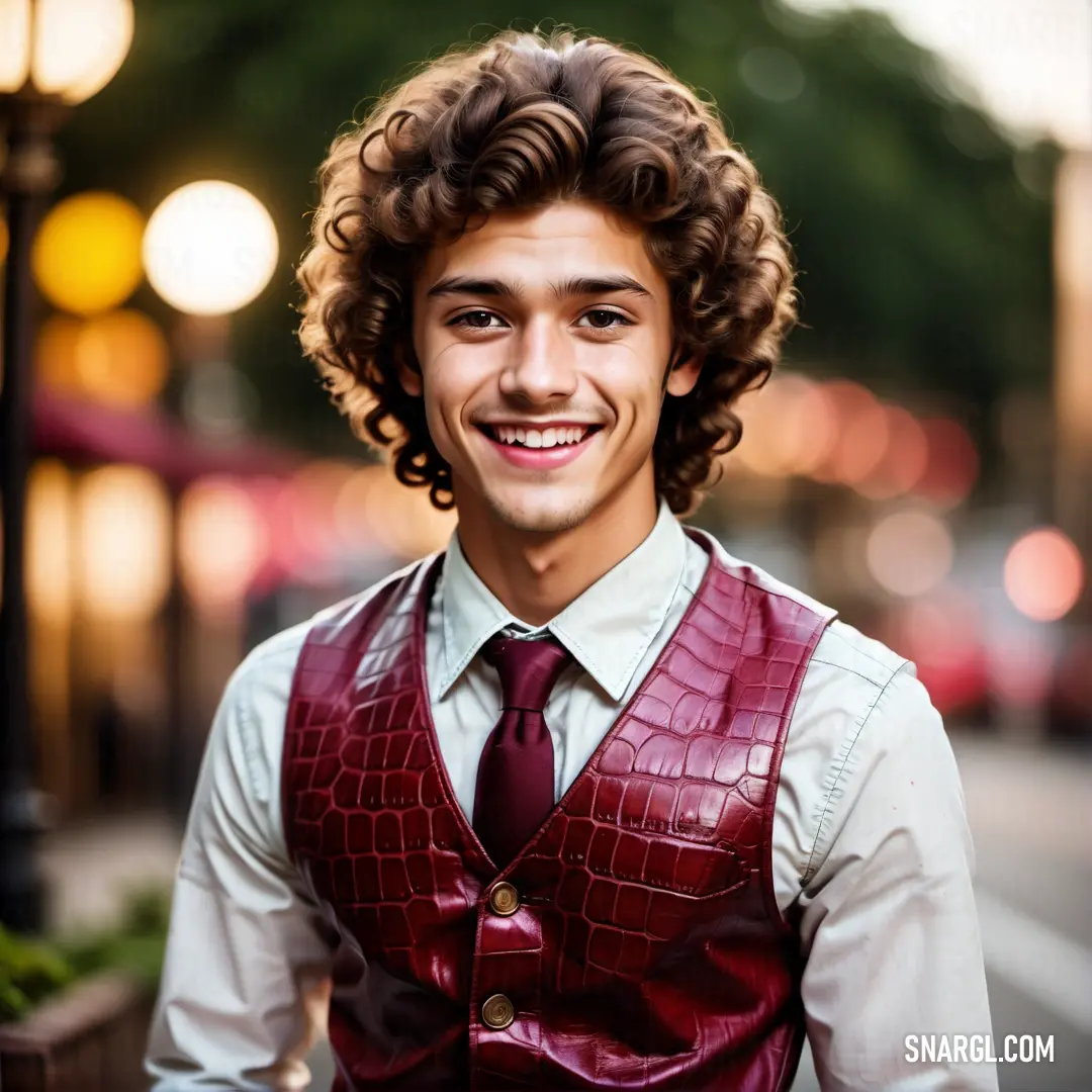 Cordovan color example: Man with curly hair wearing a red vest and tie smiling at the camera while standing on a street