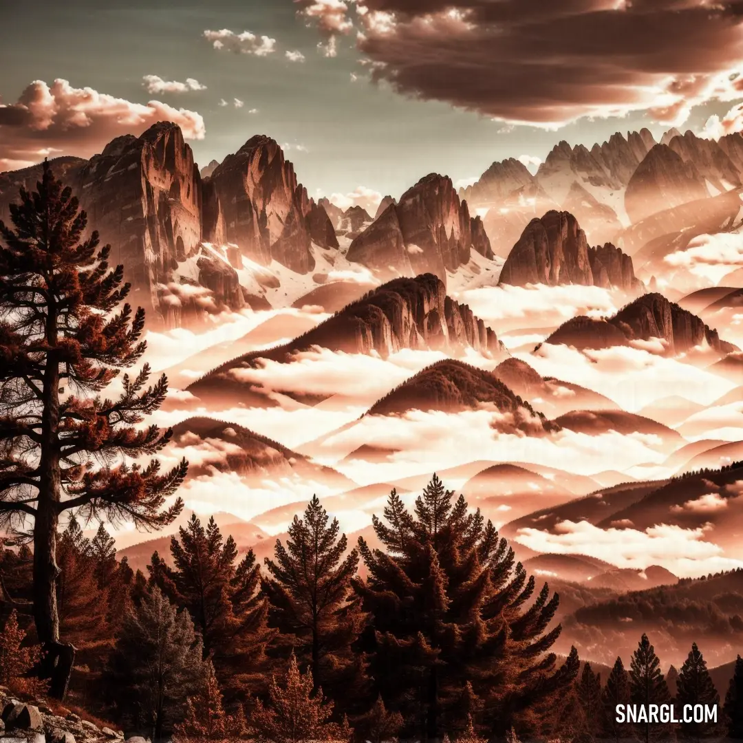 Painting of a mountain range with trees and clouds in the background and a sunset in the foreground