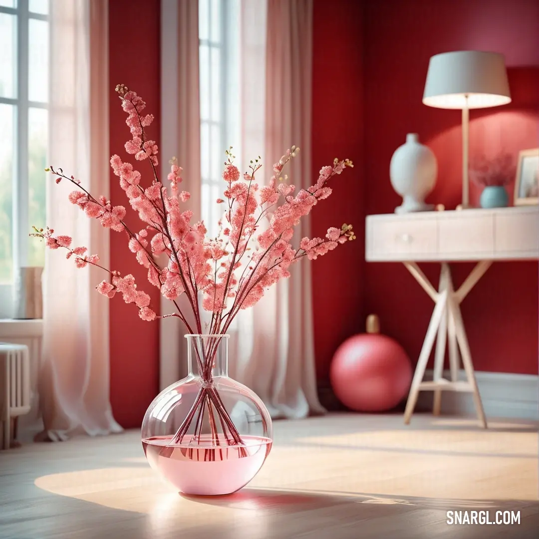 Vase with pink flowers in it on a table in a room with red walls and a white table lamp. Color Cordovan.
