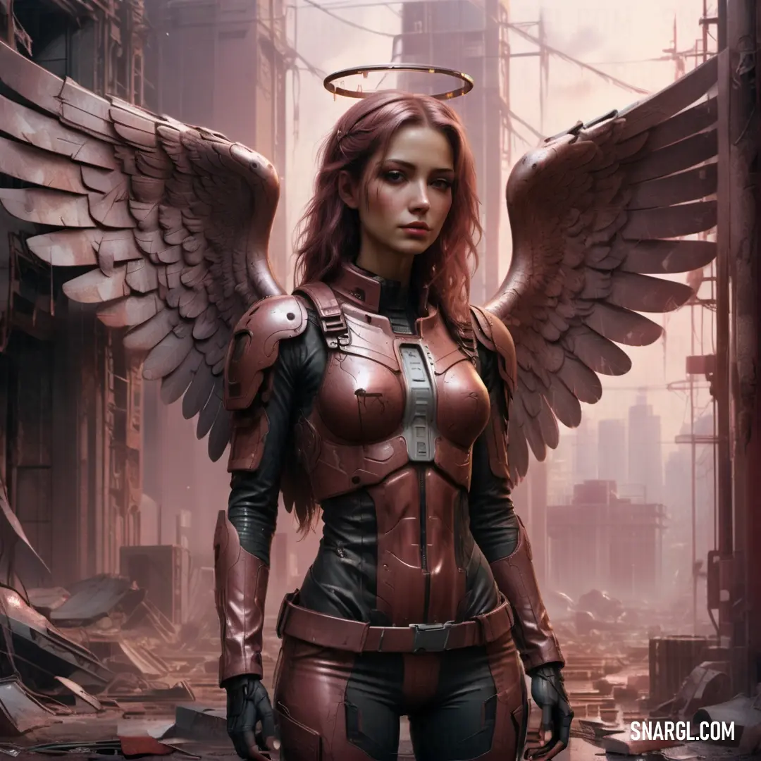 Woman in a futuristic suit with wings on her chest and a halo around her head. Color RGB 137,63,69.