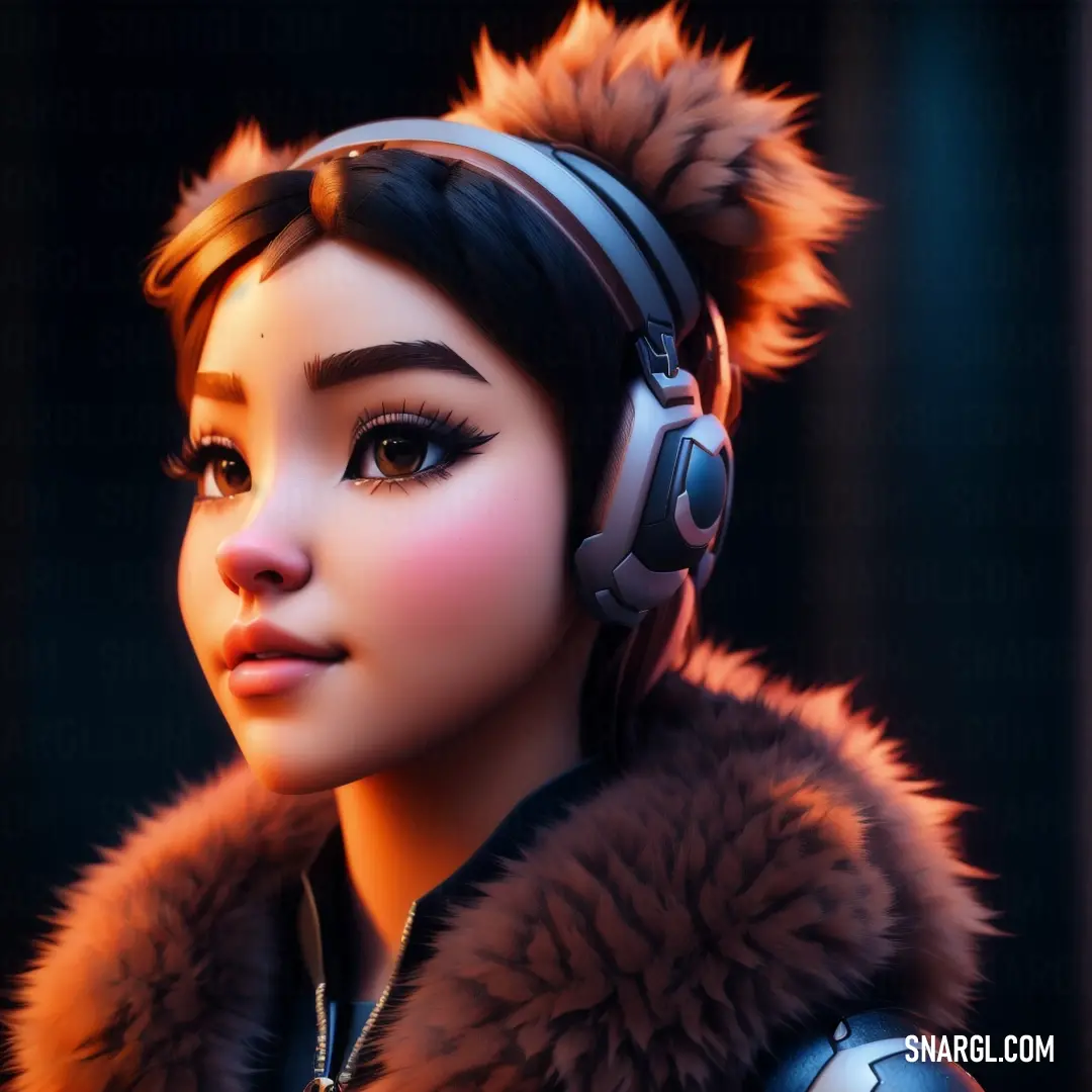 Woman with headphones and a fur coat on her head is looking away from the camera and has a furry collar