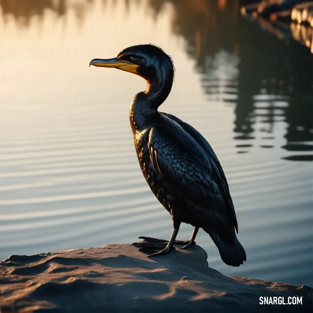 Cormorant is standing on a rock near the water's edge, with a sunset in the background