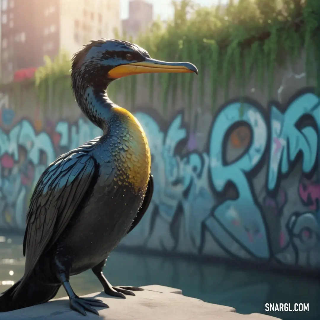 Cormorant on a ledge in front of a wall with graffiti on it's sides and a cityscape in the background
