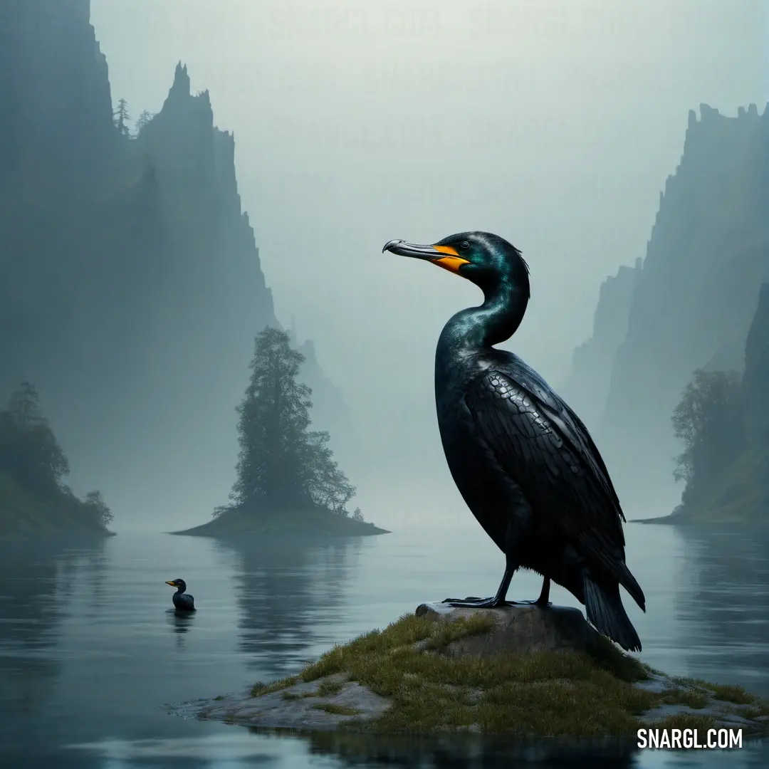 Cormorant on a rock in the middle of a lake with a Cormorant standing on it's head