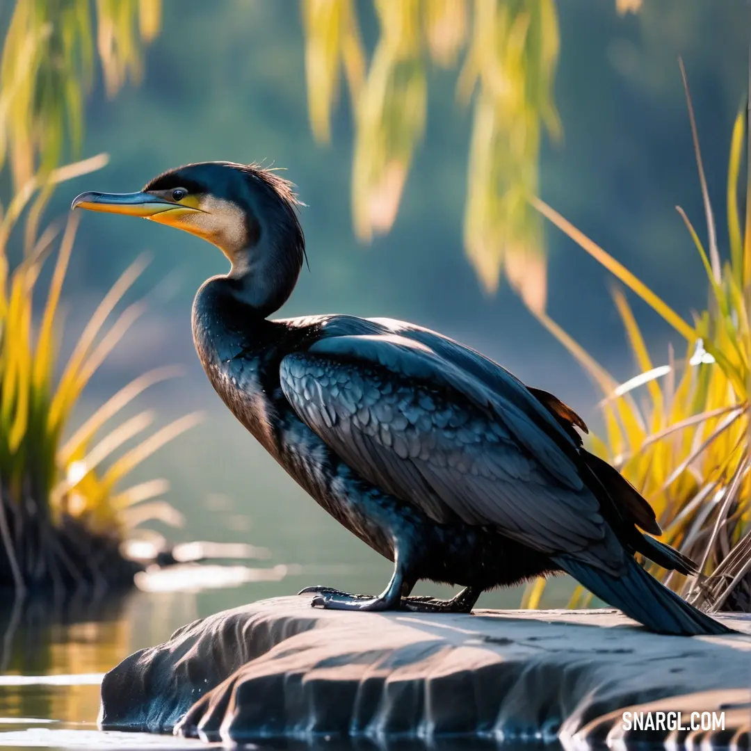 Cormorant on a rock in the water near some grass and water plants and a body of water