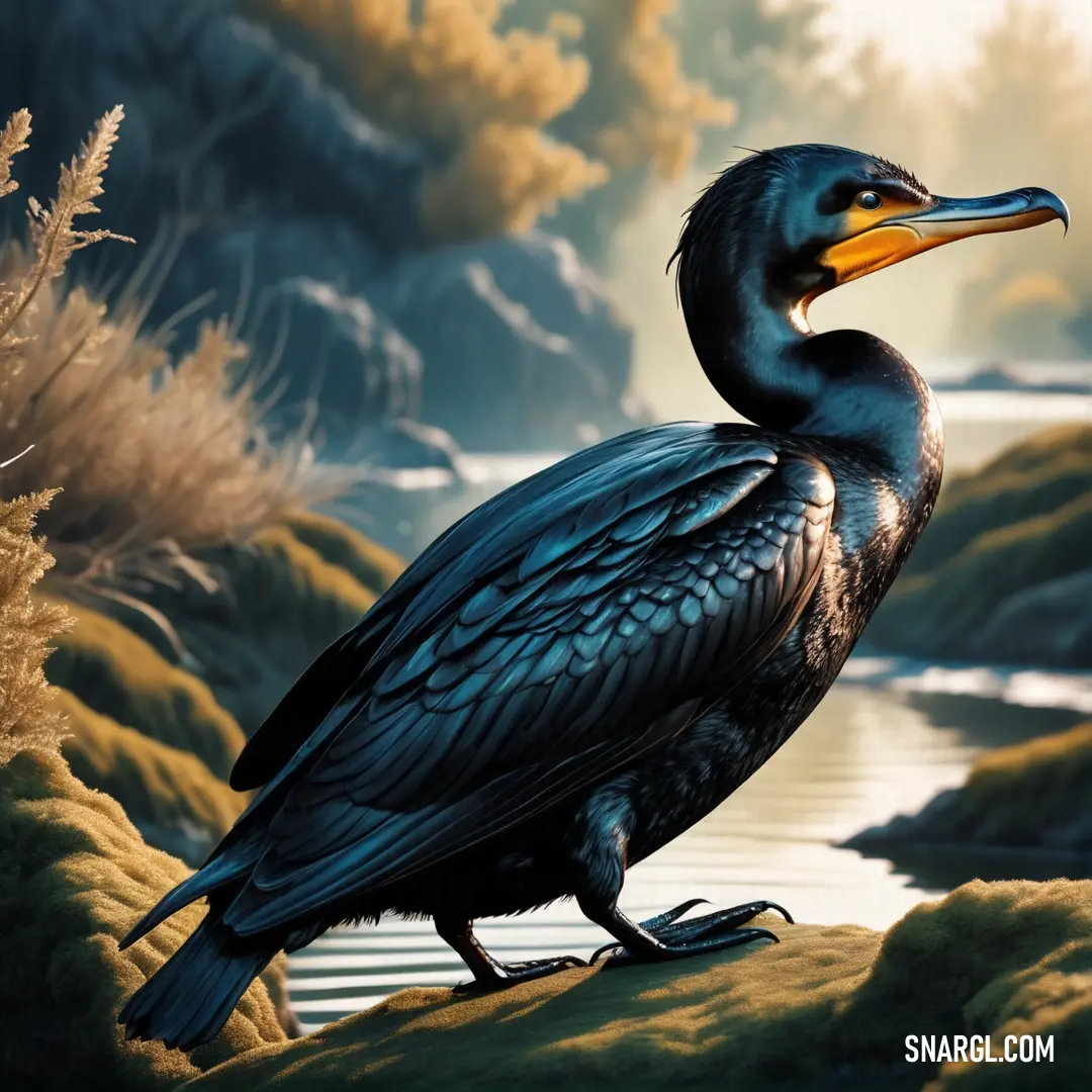 Cormorant on a rock near a body of water with a Cormorant in its beak