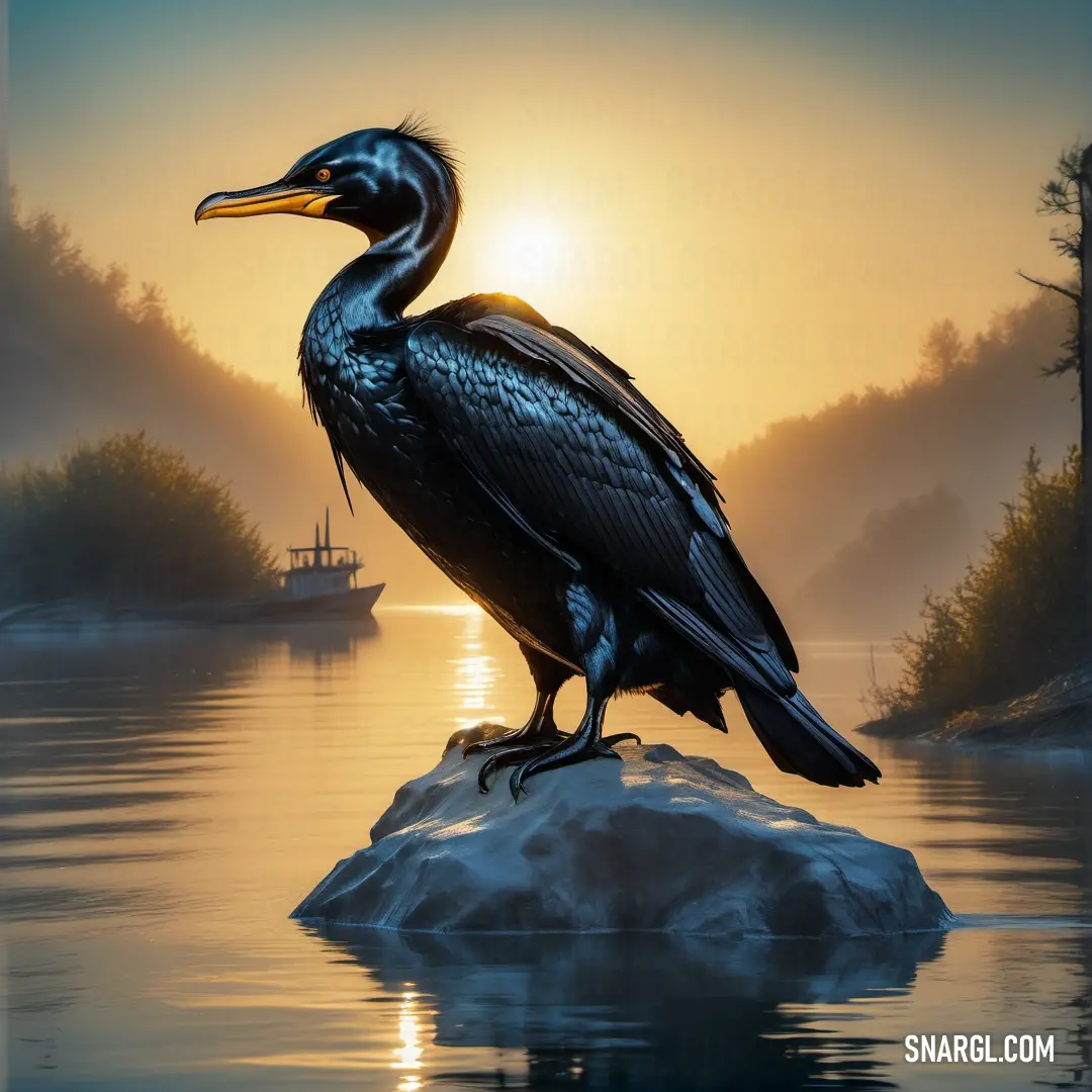 Cormorant on top of a rock in the water near a boat on the water at sunset or dawn