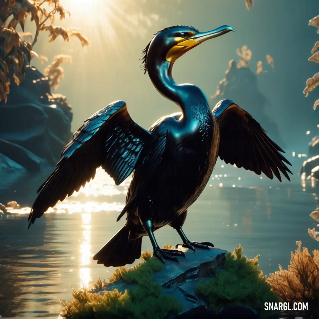 Cormorant with a long beak standing on a rock in the water with its wings spread out