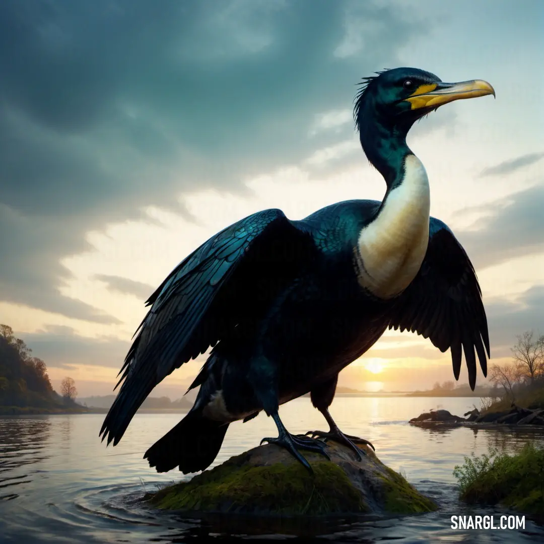 Cormorant with a long beak standing on a rock in the water at sunset or dawn with a body of water in the background