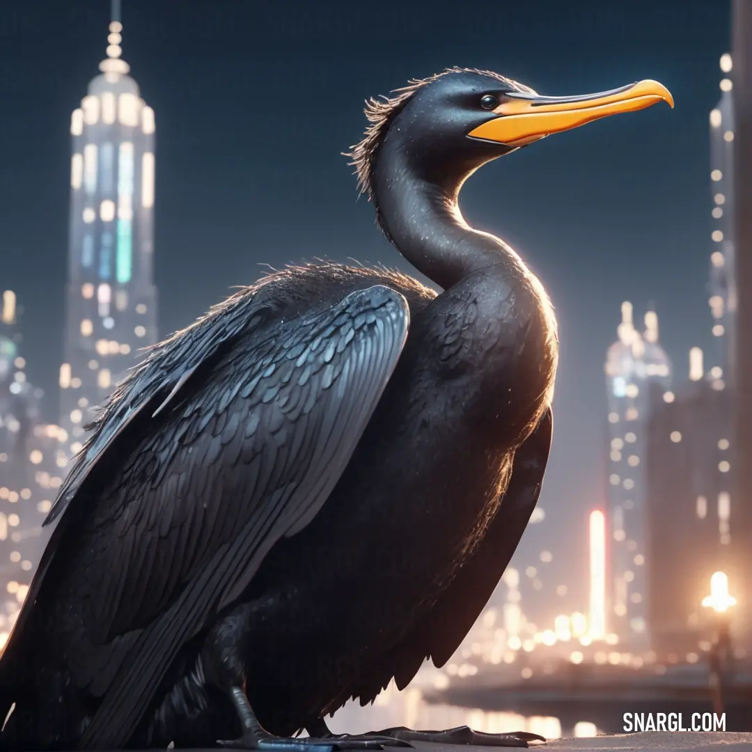 Cormorant with a long beak on a ledge in front of a city skyline at night with lights