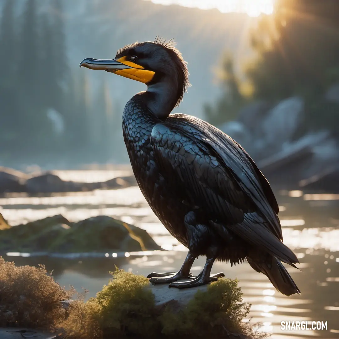 Cormorant with a yellow beak standing on a rock near a body of water with a mountain in the background