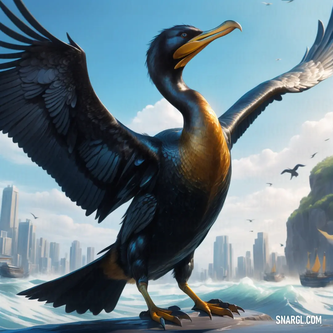 Cormorant with its wings spread out standing on a rock in the ocean with a city in the background