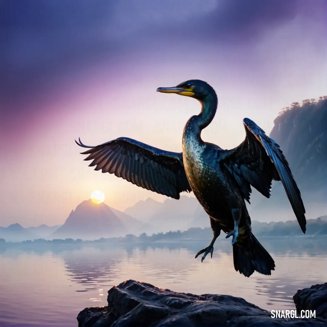 Cormorant with its wings spread standing on a rock in the water with a sunset in the background