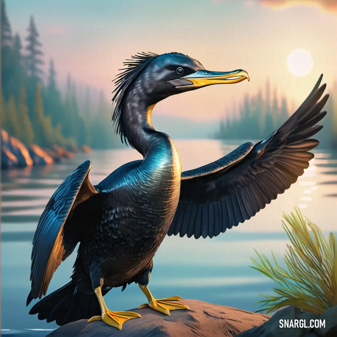 Cormorant with its wings spread on a rock near a lake and pine trees at sunset with the sun shining