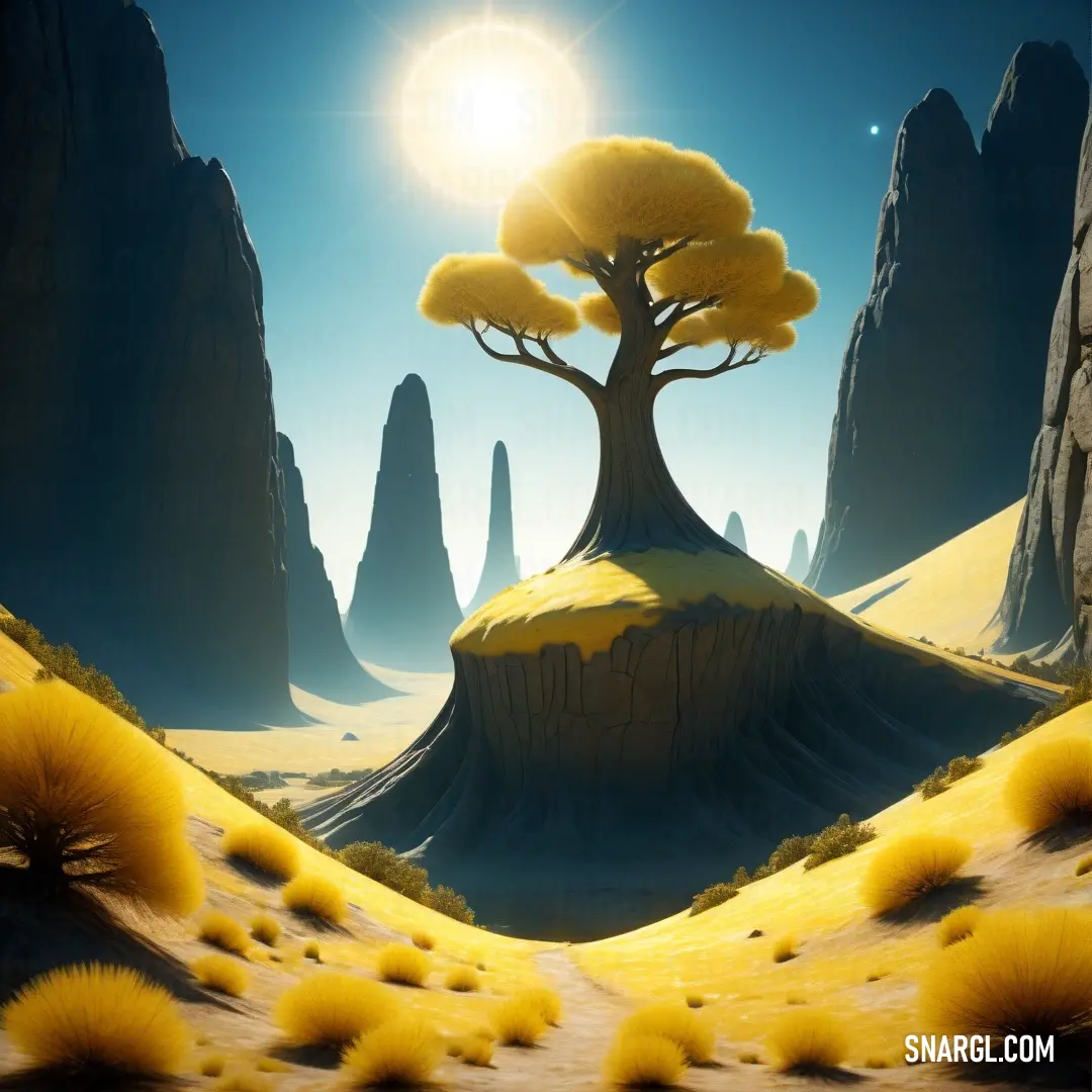 Cartoon scene of a tree in a desert with mountains in the background and sun shining on the horizon. Color RGB 251,236,93.
