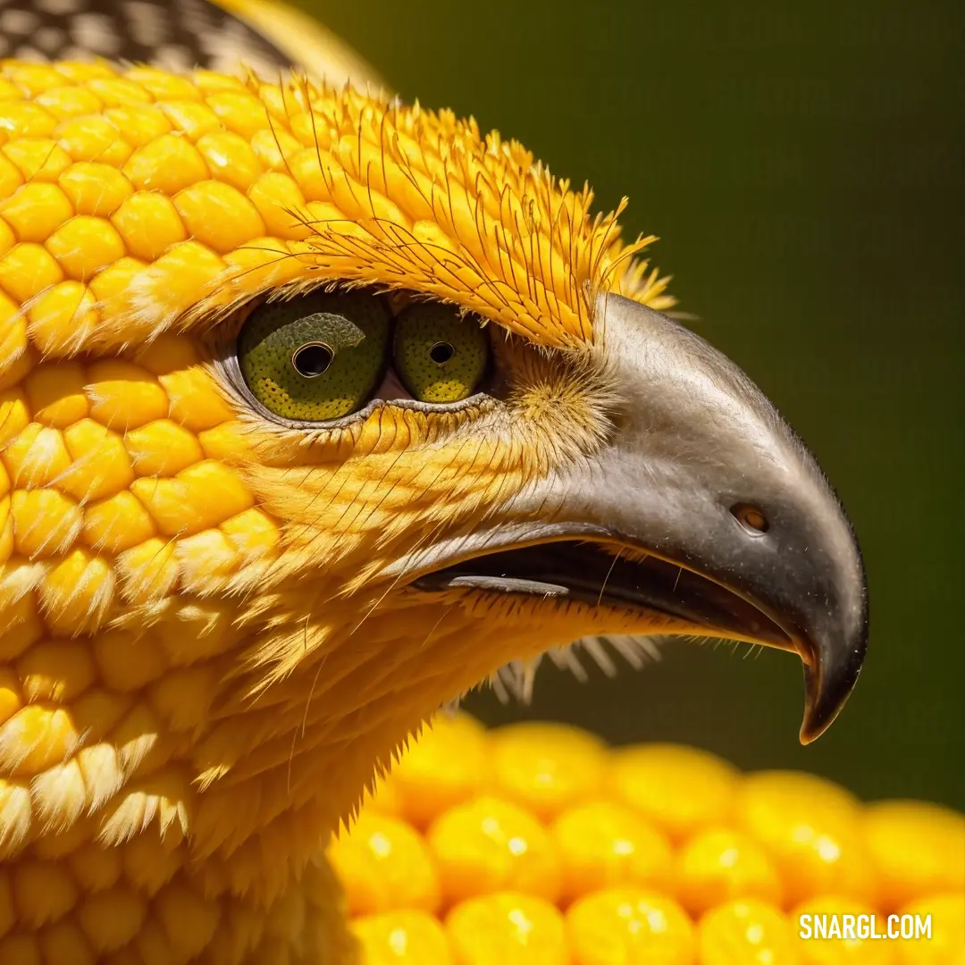 Close up of a bird with a green eye and yellow feathers on it's head and a corn cob