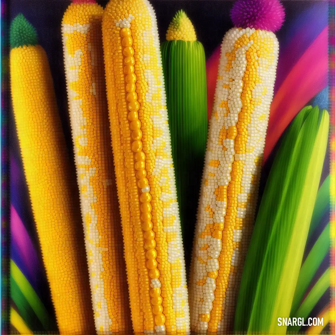 Close up of a group of corn on the cob with colored pencils
