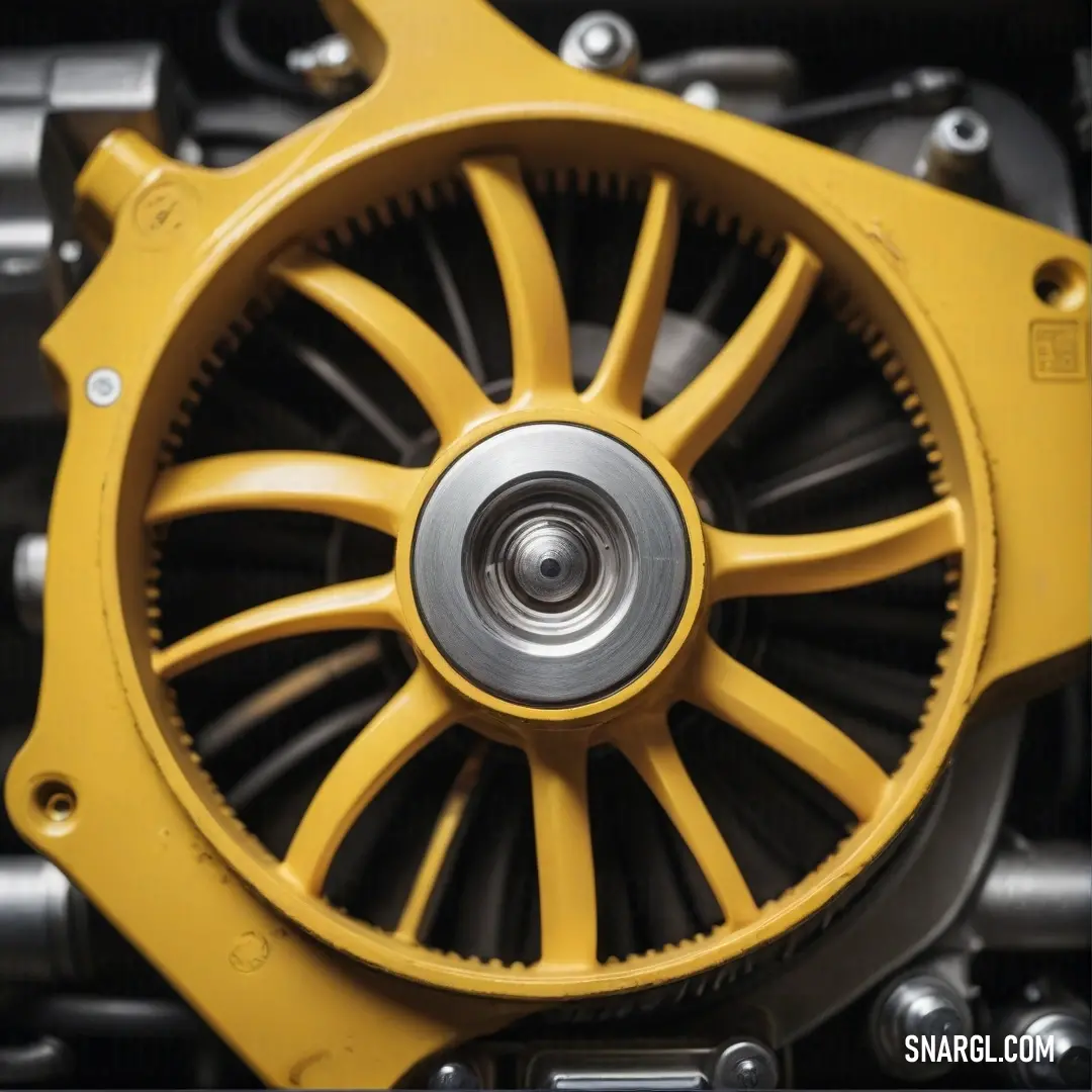 Close up of a yellow fan on a motorcycle engine with a black and yellow wheel and hubs. Color Corn.
