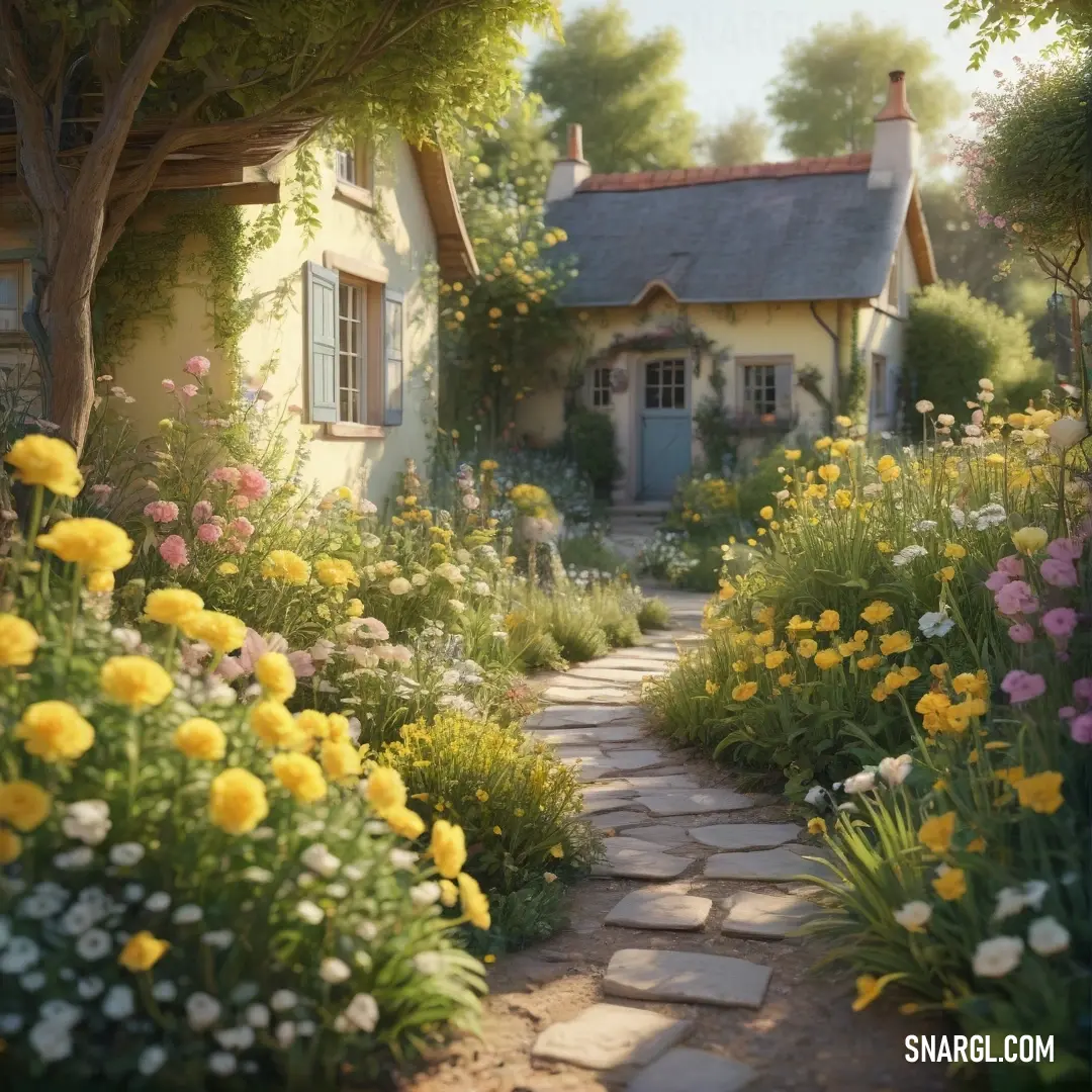 Garden with flowers and a house in the background. Color RGB 251,236,93.