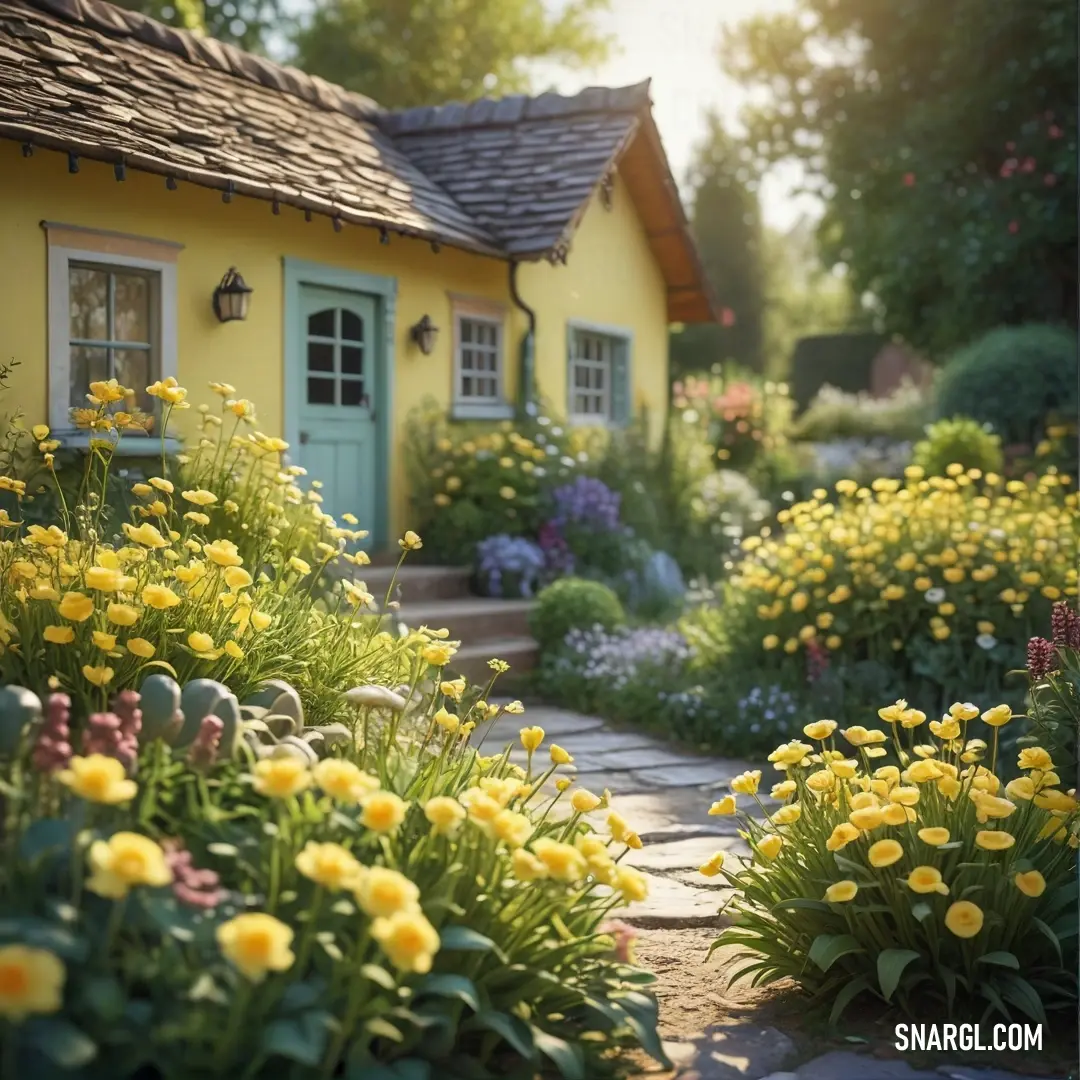 House with a garden of flowers in front of it. Example of CMYK 0,6,63,2 color.