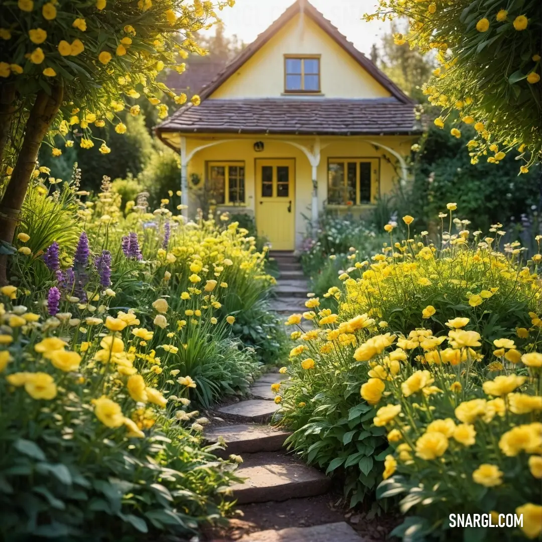 House with a yellow door surrounded by flowers and trees in the background. Example of CMYK 0,6,63,2 color.