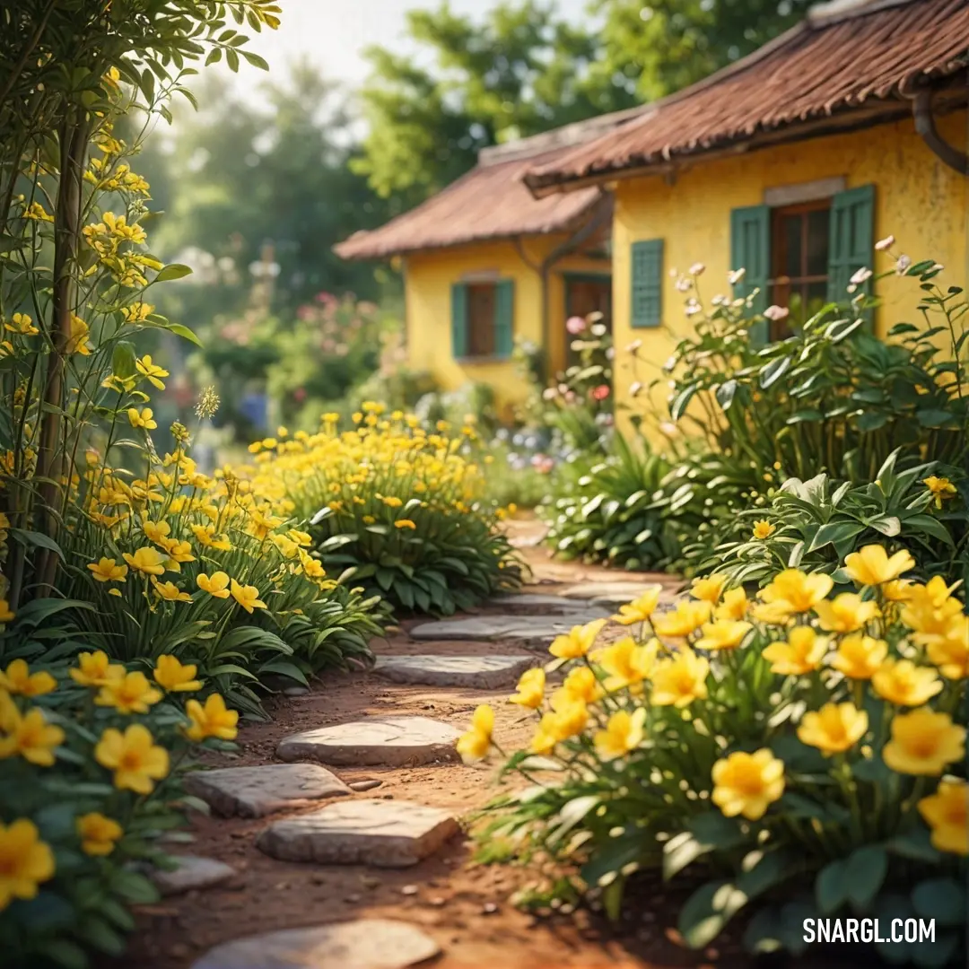 Path made of stones leads to a yellow house with green shutters and a red roof and a brick pathway. Example of Corn color.