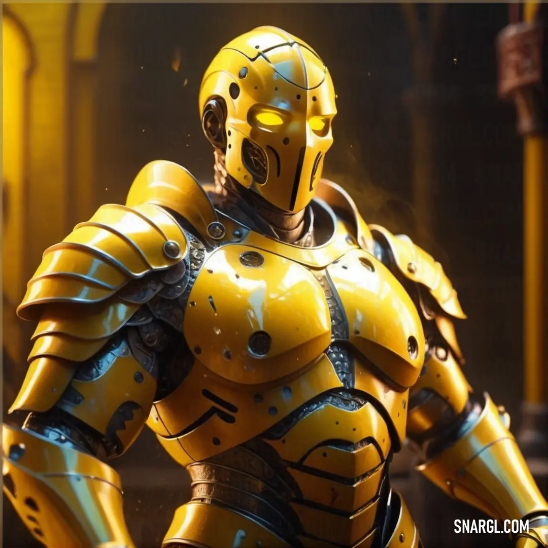 Robot is standing in a yellow suit with a helmet on and a gun in his hand in a yellow room. Example of CMYK 0,6,63,2 color.