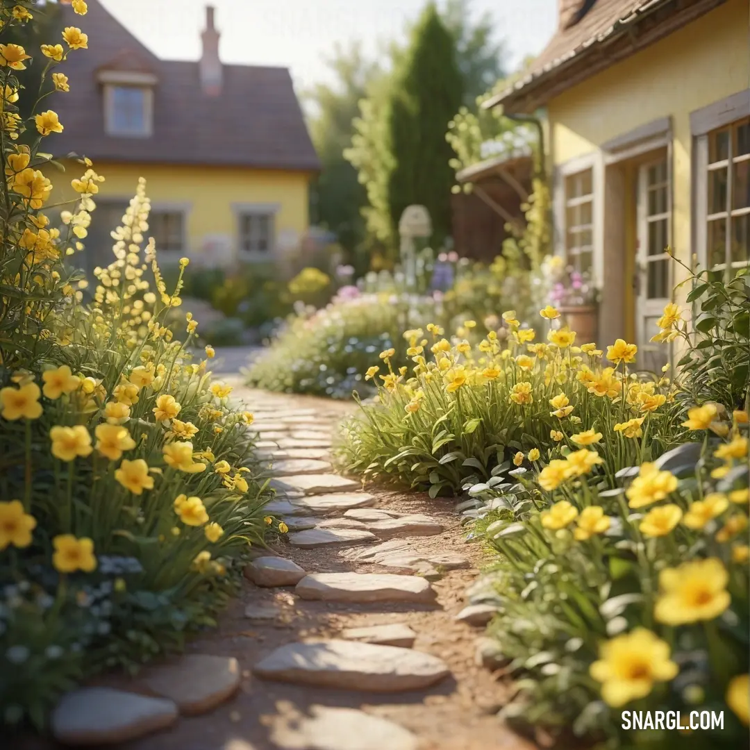 Stone path with flowers and a house in the background. Example of #FBEC5D color.