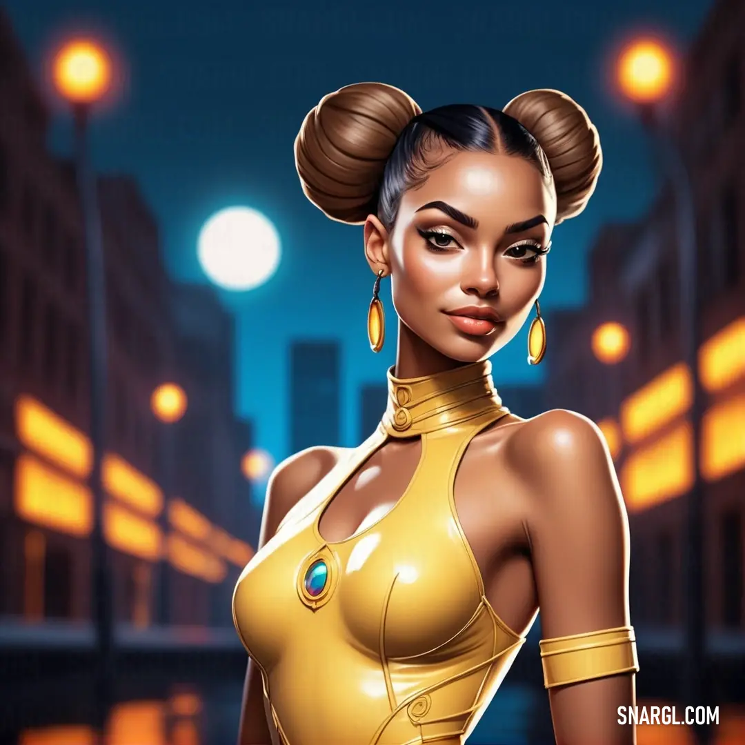 Woman in a yellow outfit standing in the street at night with a city background. Color RGB 251,236,93.