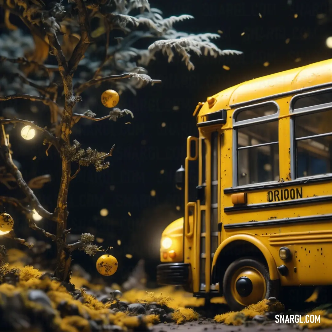 Yellow school bus parked in a snowy forest with christmas decorations hanging from the trees and lights on the branches