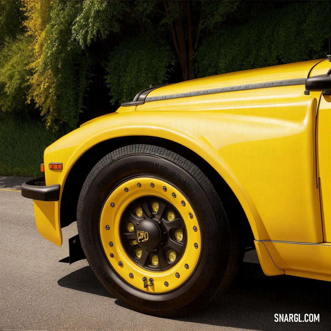 Yellow truck parked in a parking lot next to a tree and bushes with a yellow tire cover on it. Color #FBEC5D.