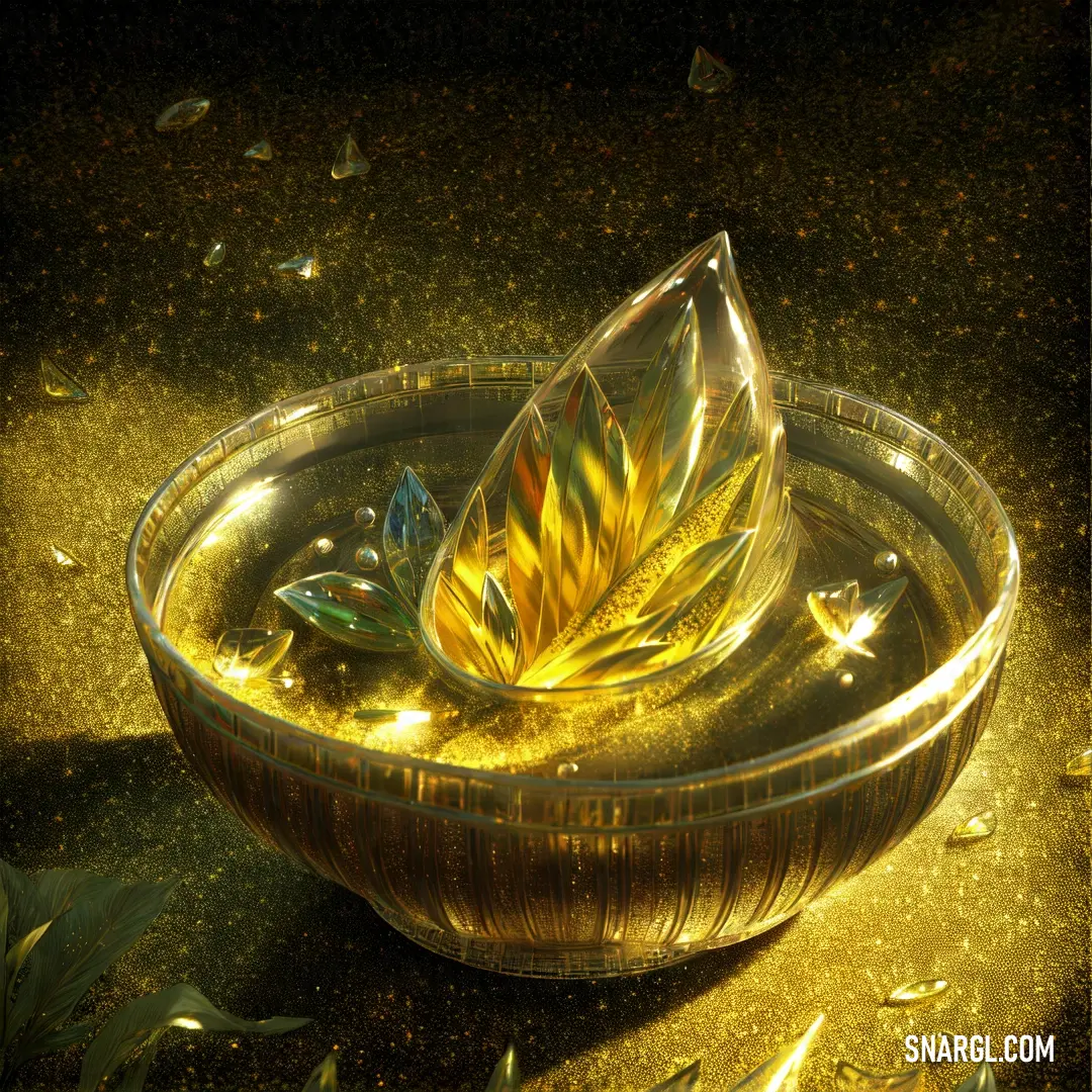 Glass bowl with a flower inside of it on a table top with gold flakes around it