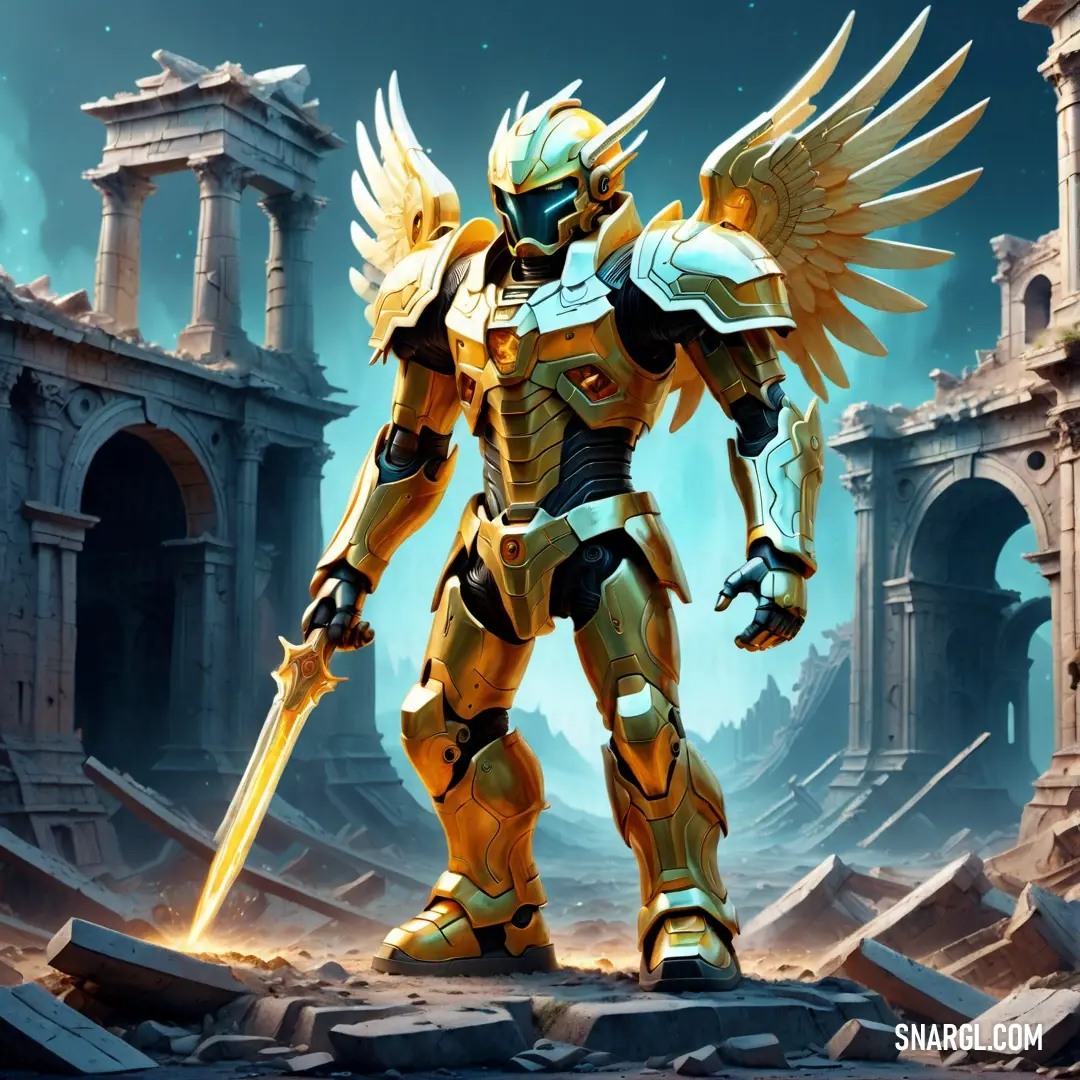 Corn color example: Golden robot with a sword in his hand and a huge golden bird on his shoulder