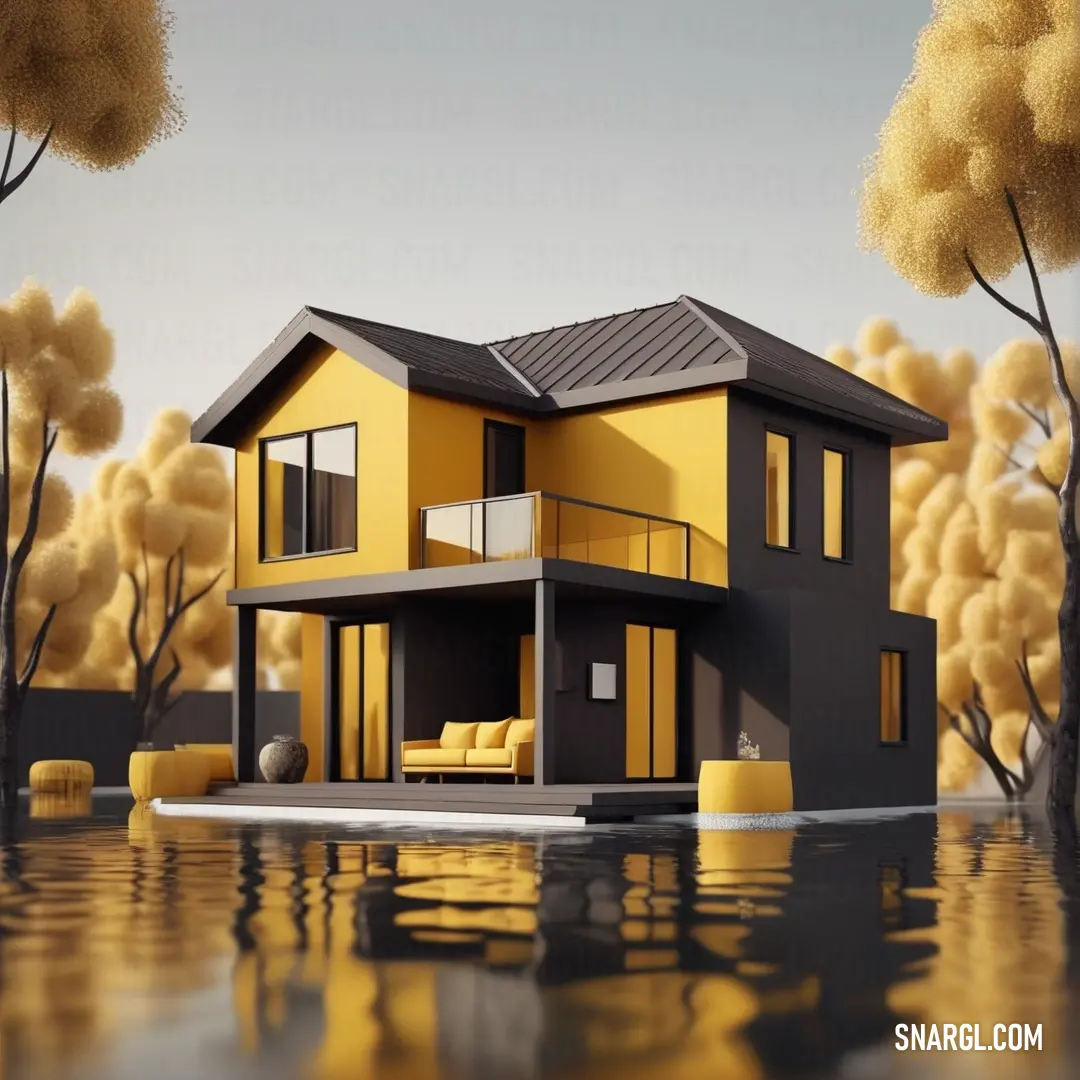 Corn color. House is floating in a body of water with trees around it