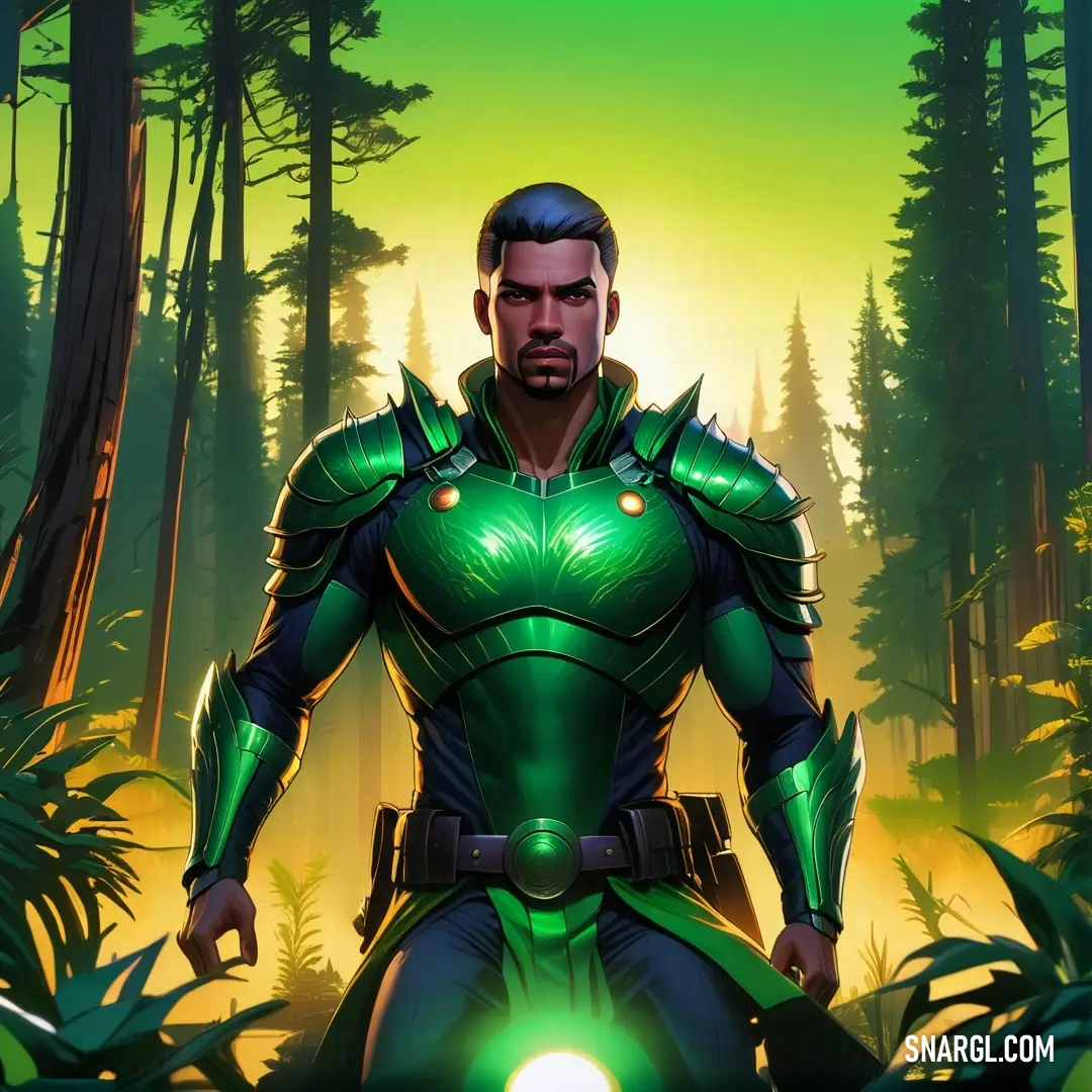 Man in a green suit standing in a forest with a green light on his chest. Color #FBEC5D.