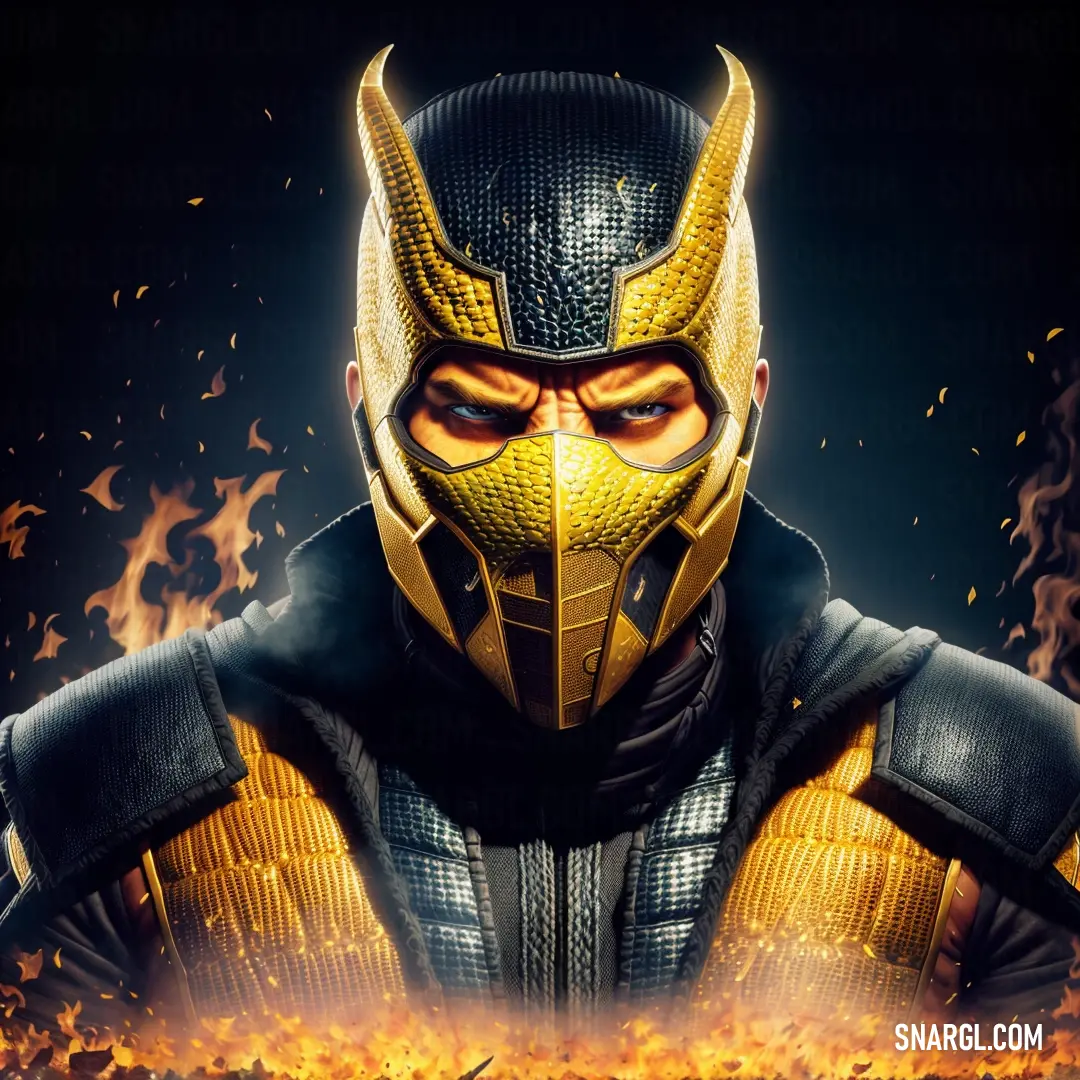 Man in a yellow and black mask with flames around him and his hands on his hips