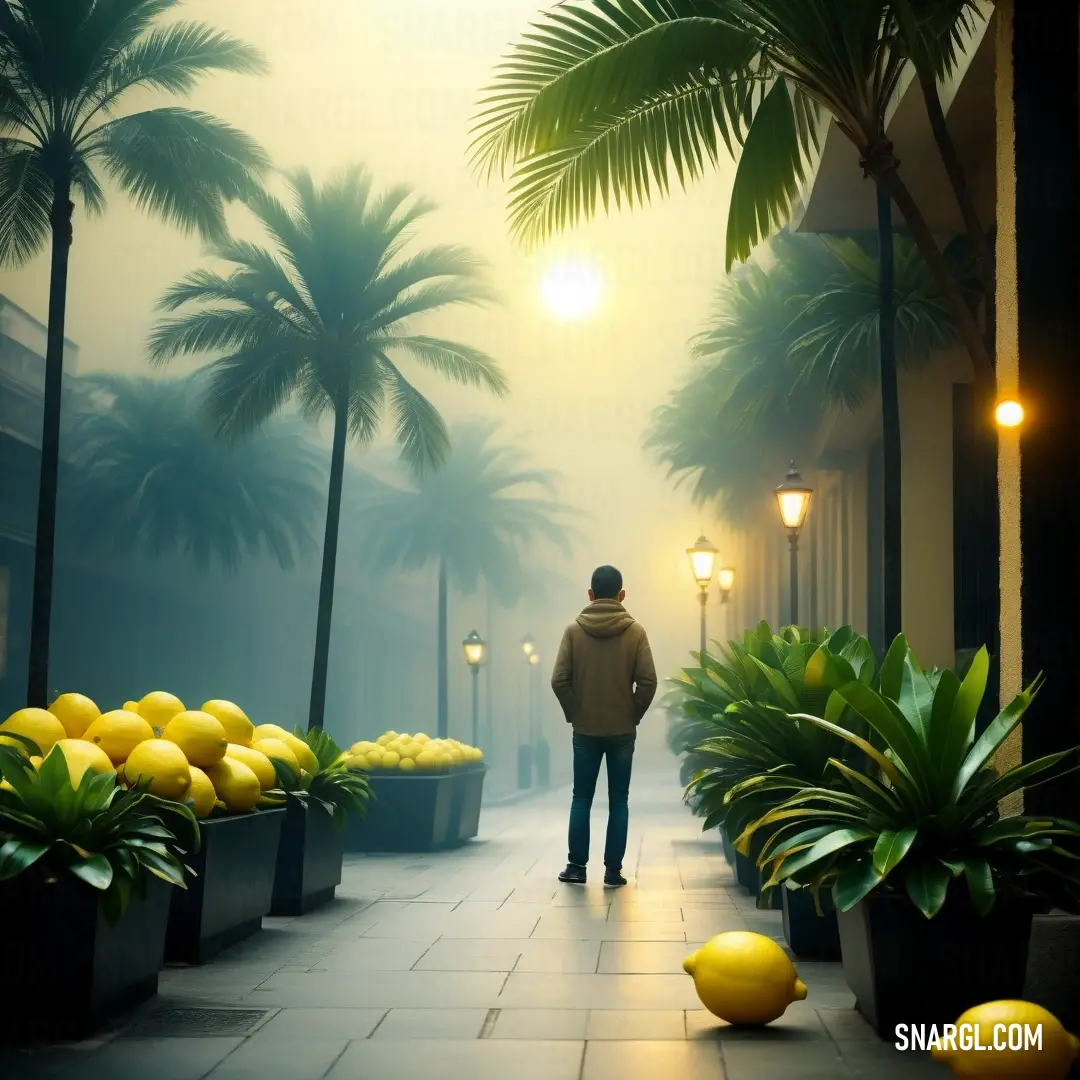 Man standing in a street with a bunch of lemons in front of him. Color #FBEC5D.