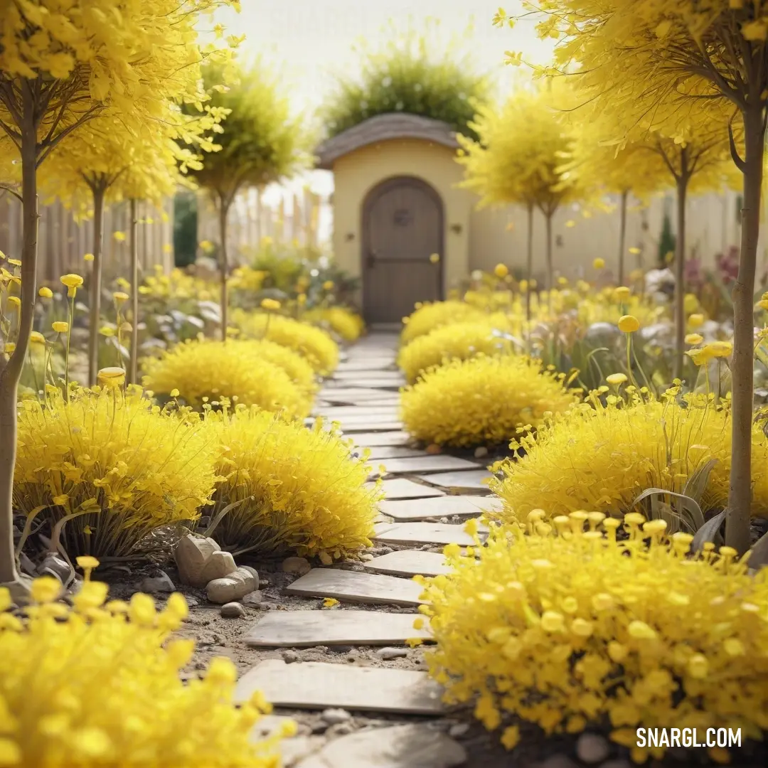 Pathway with yellow flowers and trees in the background. Example of CMYK 0,6,63,2 color.