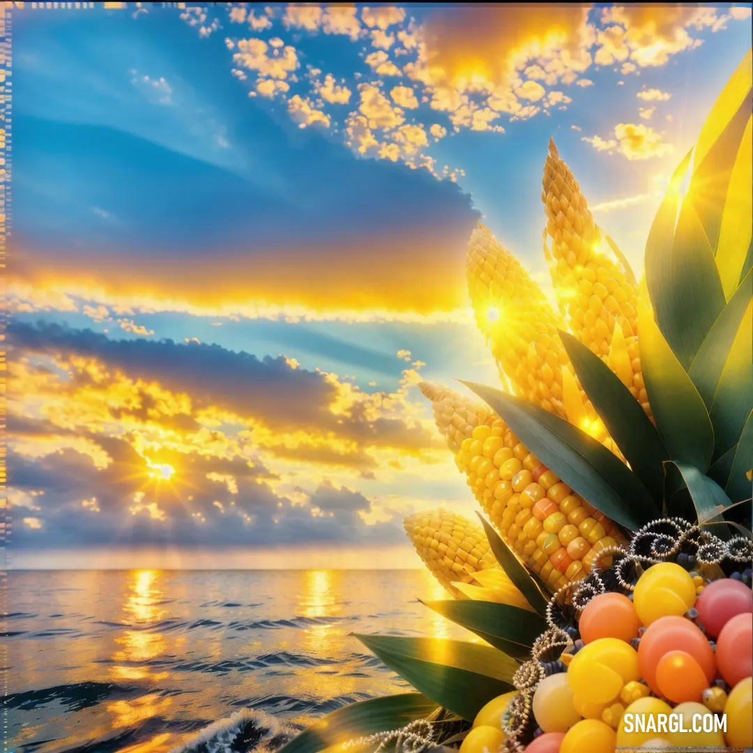 Picture of a corn on the cob with a sunset in the background and a blue sky with clouds