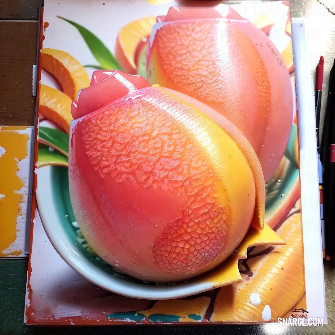 Picture of a plate of fruit with a knife and a marker next to it on a table with a pen. Color RGB 251,236,93.