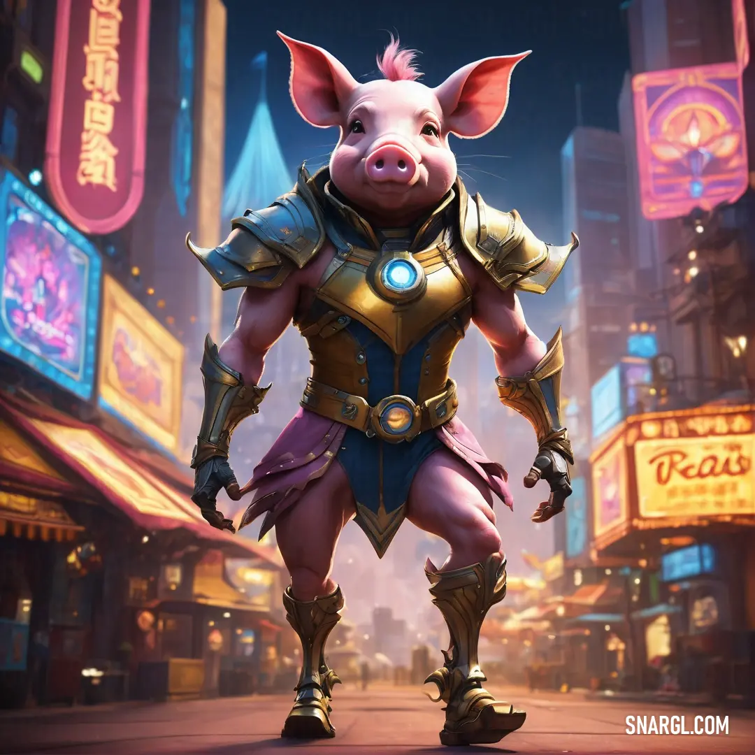 Pig in a costume standing in a city street at night with neon signs. Color CMYK 0,6,63,2.