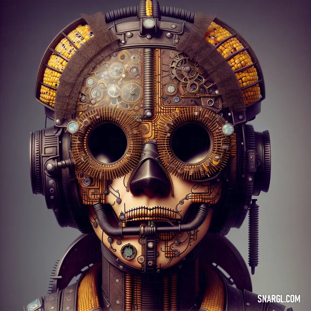 Robot with a mechanical face and headphones on it's face