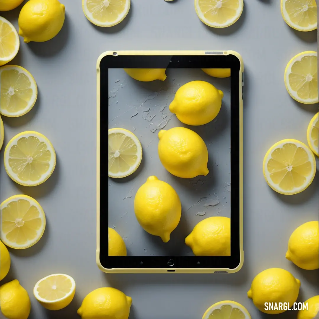 Tablet with lemons on a table with a gray background. Color RGB 251,236,93.