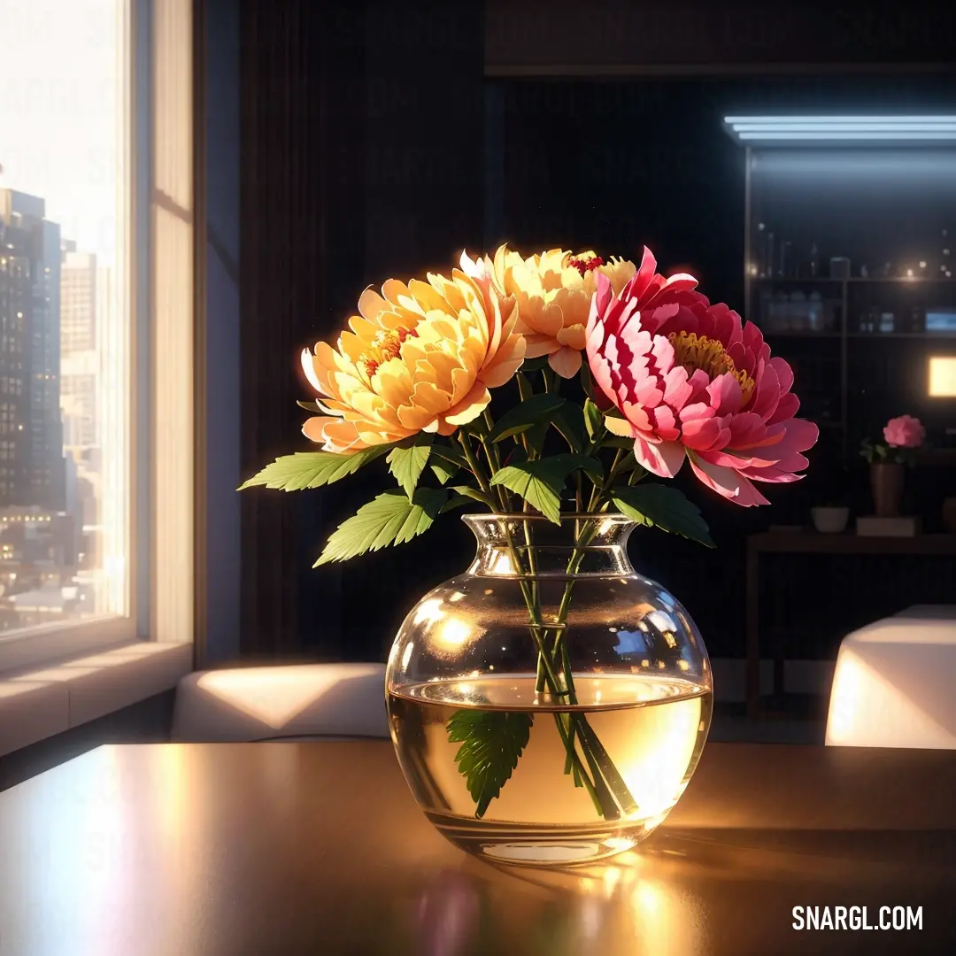 Vase filled with water and flowers on a table next to a window with a city view in the background