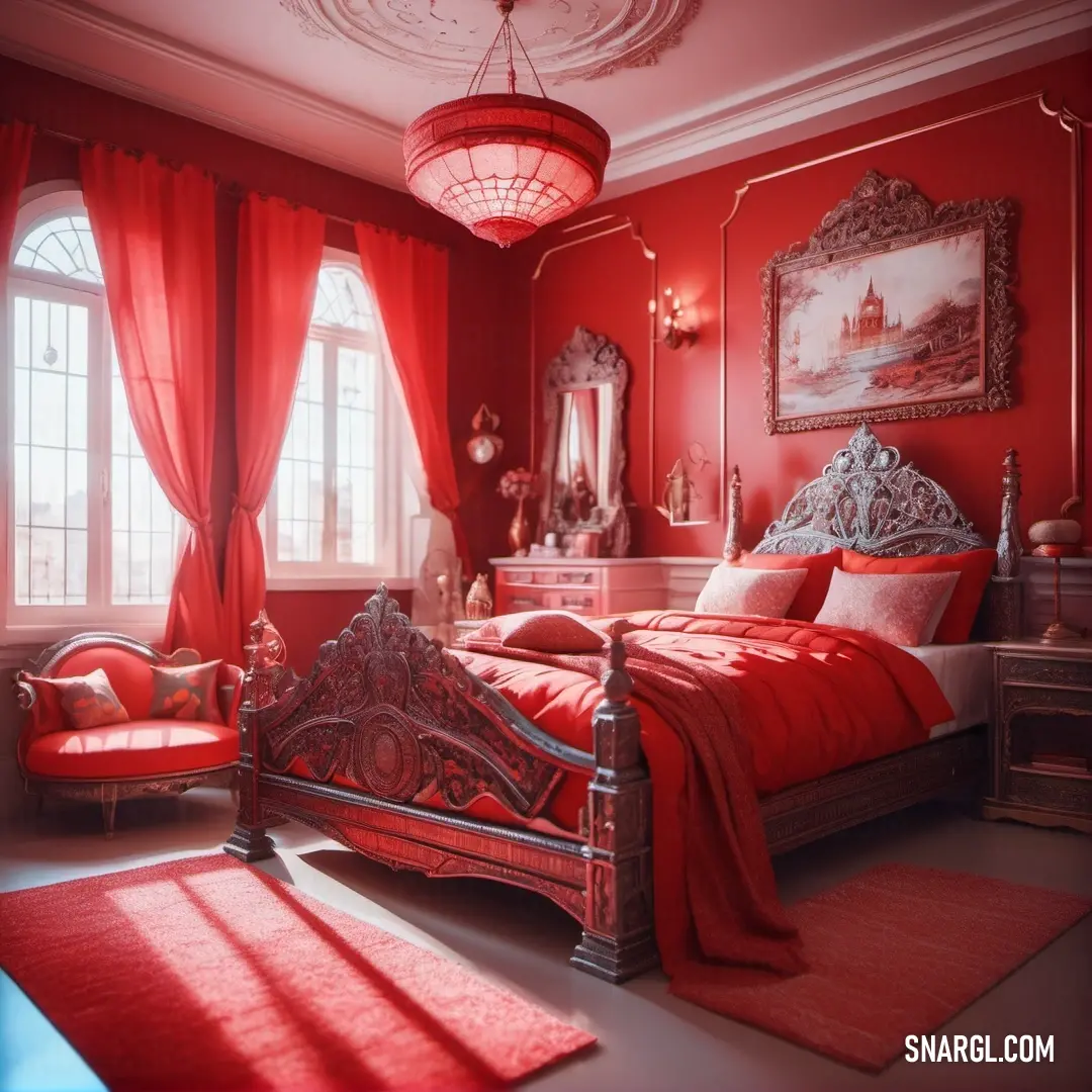 Bedroom with a red bed and red curtains and a chandelier hanging from the ceiling and a red rug on the floor. Color Cornell Red.