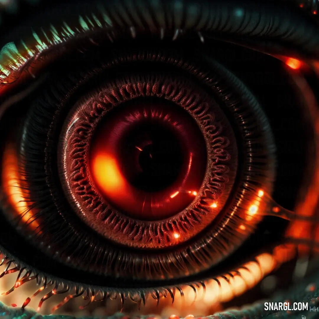 Close up of a red eye with a black background and a blurry lens in the center of the eye