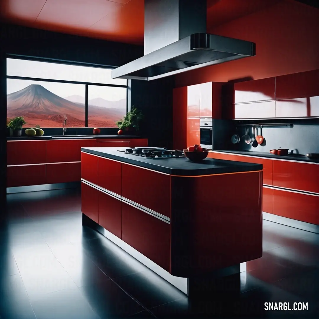 Kitchen with a stove and a counter top with a mountain view in the background. Color RGB 179,27,27.