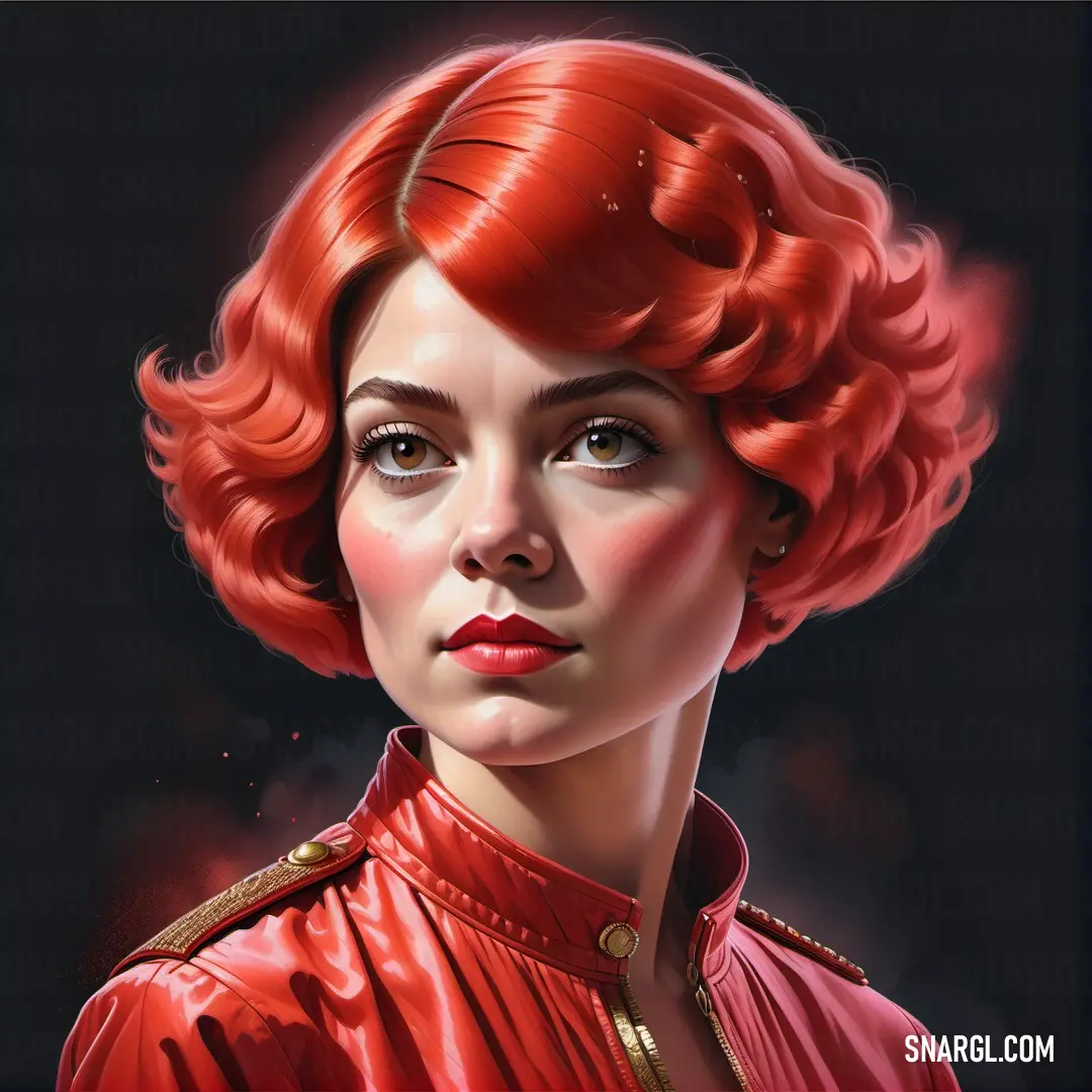 Painting of a woman with red hair and a red dress on a black background. Example of #B31B1B color.